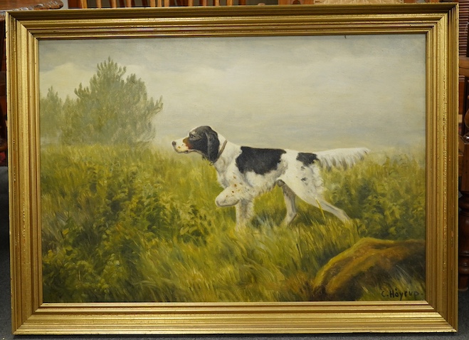 Carl Hoyrup (Danish 1893-1961), oil on canvas, Study of a gundog pointing, signed, 66 x 96cm, gilt framed. Condition - good